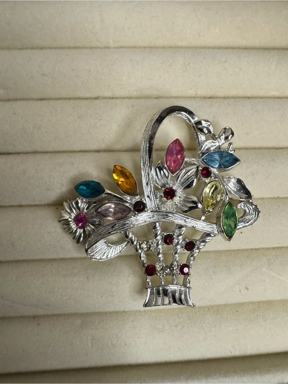 Silver-tone Multi-Color Floral Basket Brooch - Unbranded